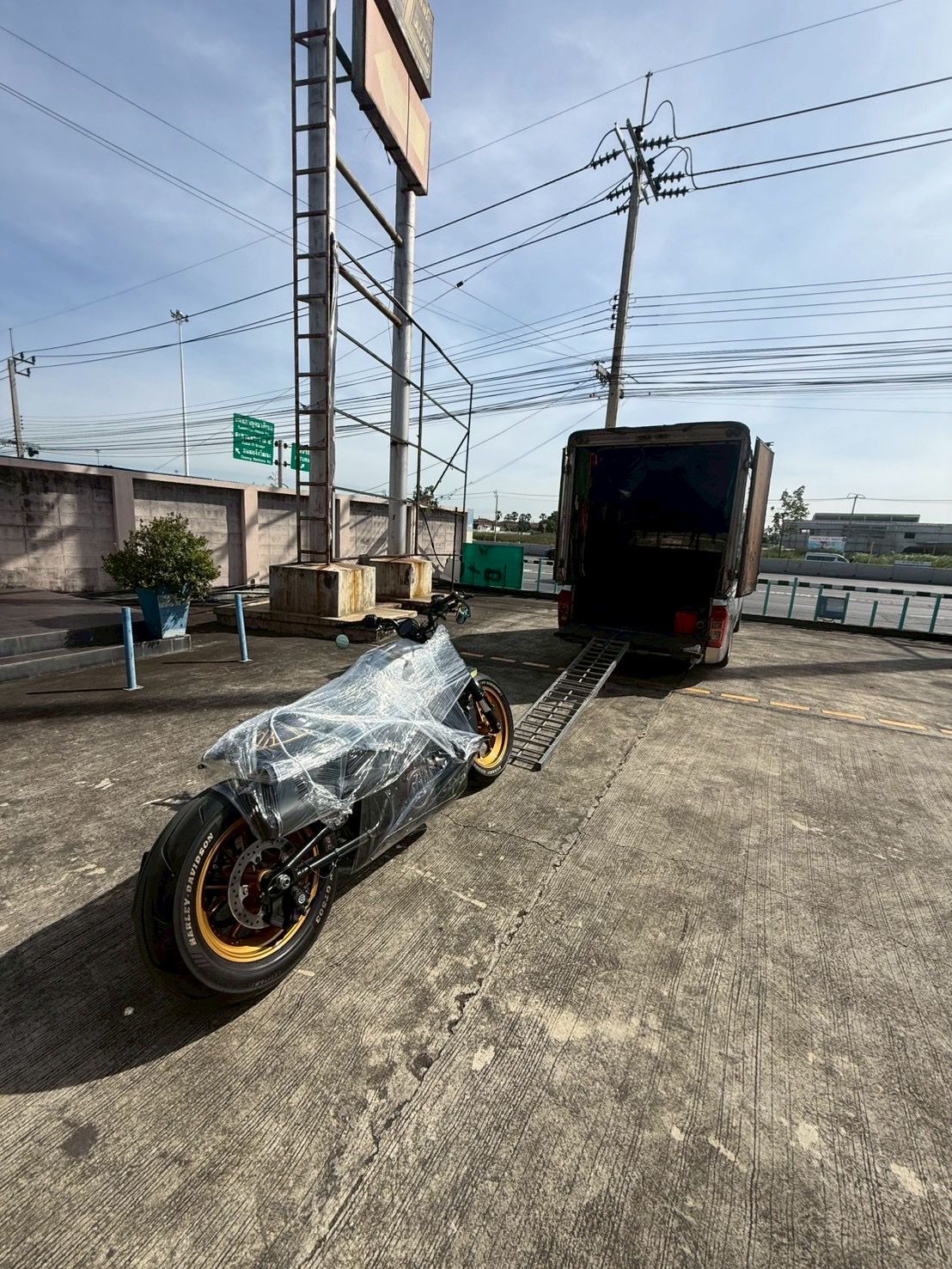 Motorcycles secured on transport truck